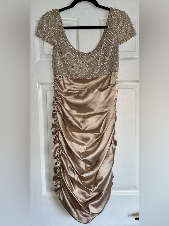 Badgley Mischka Dresses & Skirts - BADGLEY MISCHKA Collection Pearl Beaded Rhinestone Champagne Satin Ruched Dress
